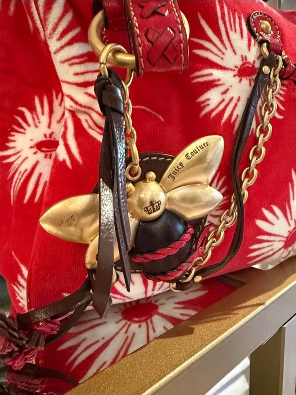 Vintage Juicy Couture Red Daisy Velvet Top-Handle Bag amazing Bee Hardware
